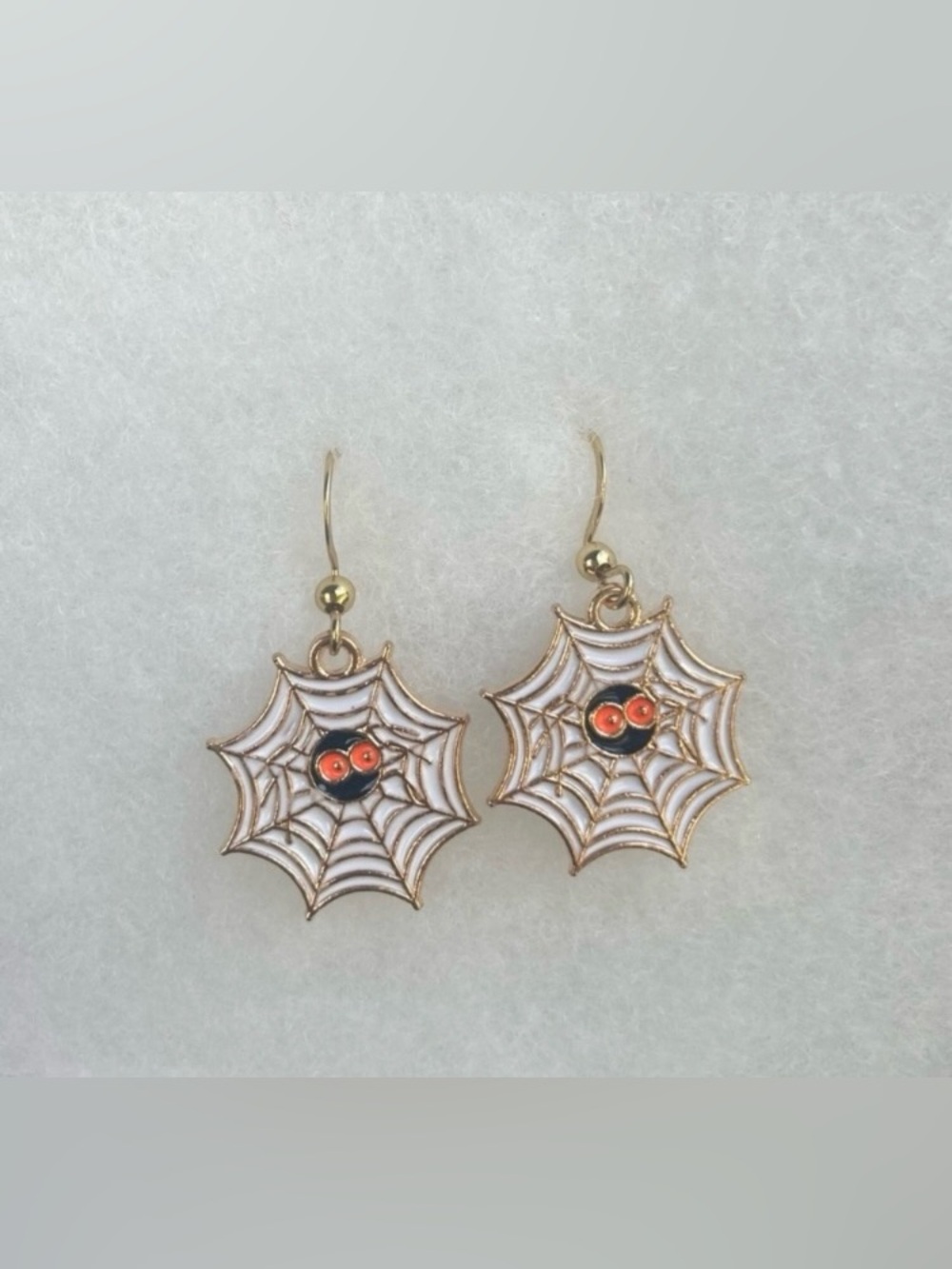 Gold Spider Web Earrings with Orange Accents - Halloween Jewelry